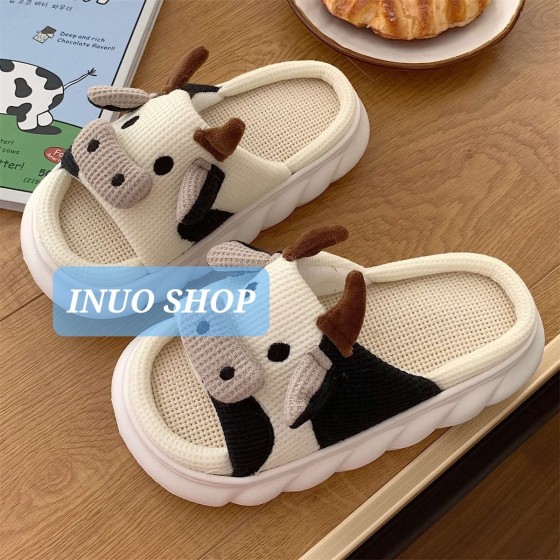 Zapatillas de lino con dibujos animados de vaca 🐮Sandalias de lino antideslizante